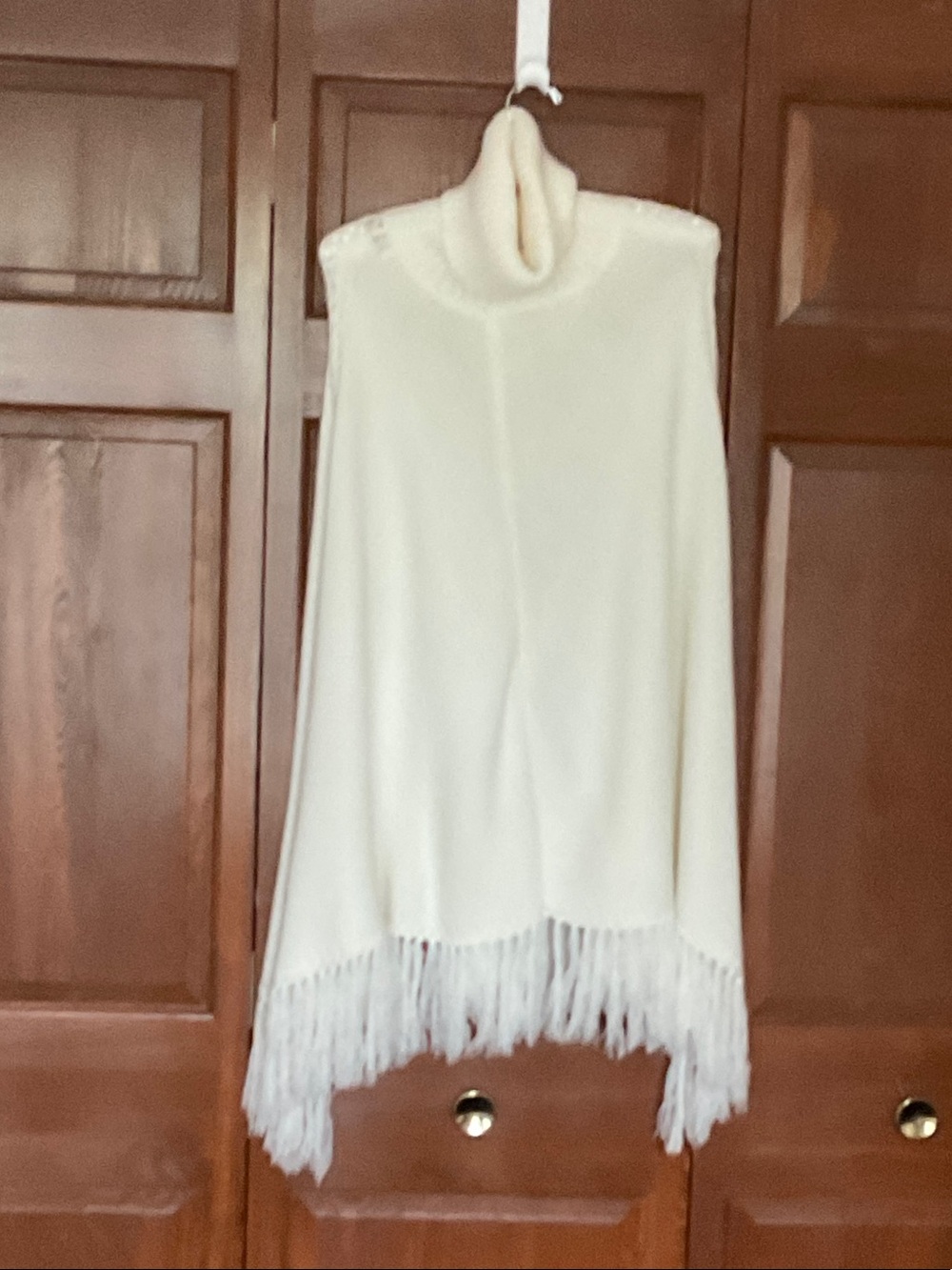 Women's Cream Turtleneck Fringe Poncho Sweater